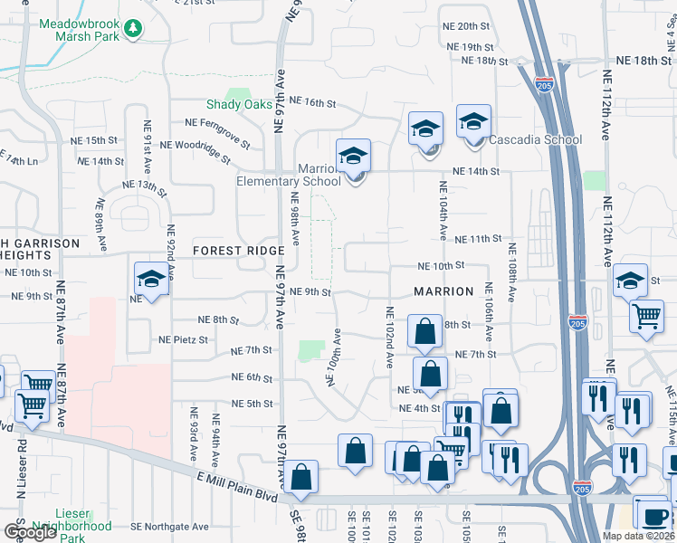 map of restaurants, bars, coffee shops, grocery stores, and more near 1118 Northeast 100th Avenue in Vancouver
