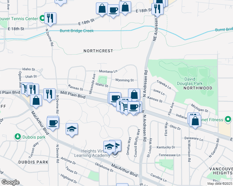 map of restaurants, bars, coffee shops, grocery stores, and more near 6320 Kansas Street in Vancouver