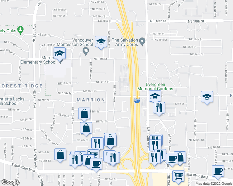 map of restaurants, bars, coffee shops, grocery stores, and more near 921 Northeast 108th Avenue in Vancouver