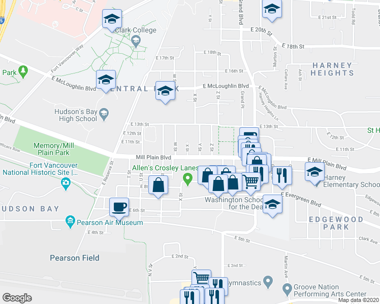 map of restaurants, bars, coffee shops, grocery stores, and more near 2404 E Mill Plain Blvd in Vancouver