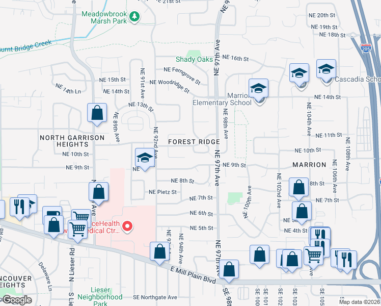 map of restaurants, bars, coffee shops, grocery stores, and more near 9501 Northeast 11th Way in Vancouver
