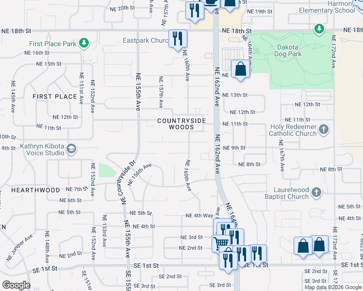 map of restaurants, bars, coffee shops, grocery stores, and more near 15809 Northeast 10th Street in Vancouver