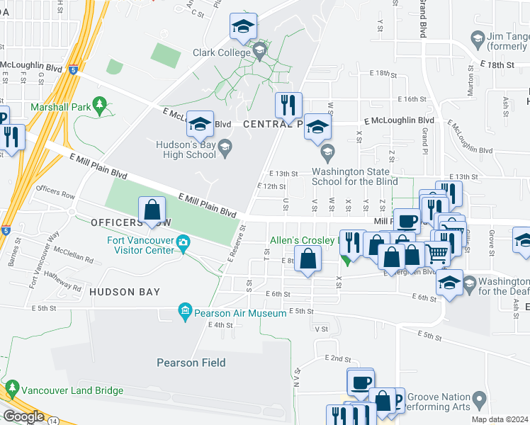 map of restaurants, bars, coffee shops, grocery stores, and more near 1818 East Mill Plain Boulevard in Vancouver