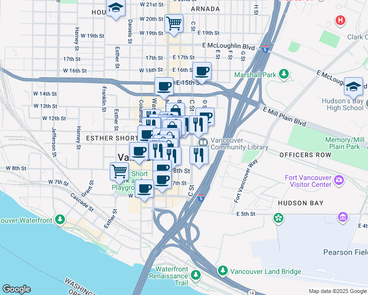 map of restaurants, bars, coffee shops, grocery stores, and more near 5 East Evergreen Boulevard in Vancouver