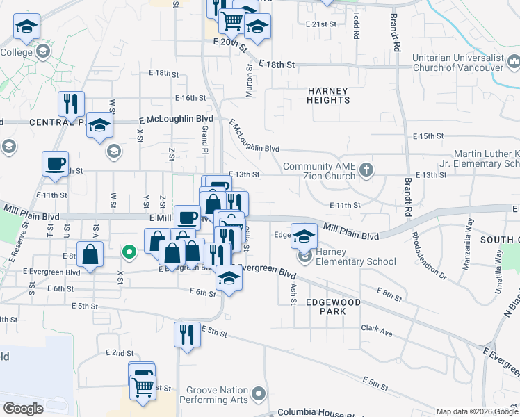 map of restaurants, bars, coffee shops, grocery stores, and more near 3104 East Mill Plain Boulevard in Vancouver