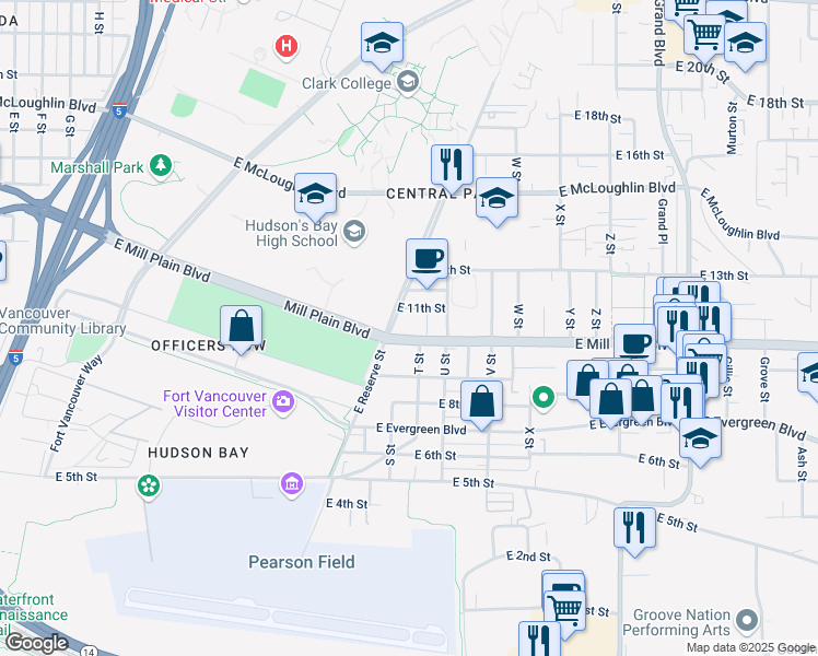 map of restaurants, bars, coffee shops, grocery stores, and more near 1818 East Mill Plain Boulevard in Vancouver