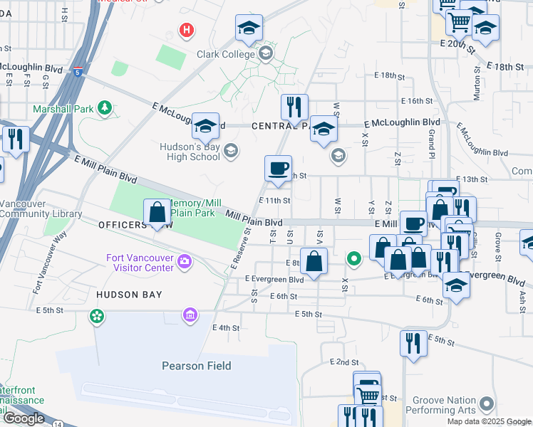 map of restaurants, bars, coffee shops, grocery stores, and more near 1818 East Mill Plain Boulevard in Vancouver