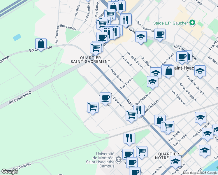 map of restaurants, bars, coffee shops, grocery stores, and more near 2775 Rue Cherrier in Saint-Hyacinthe