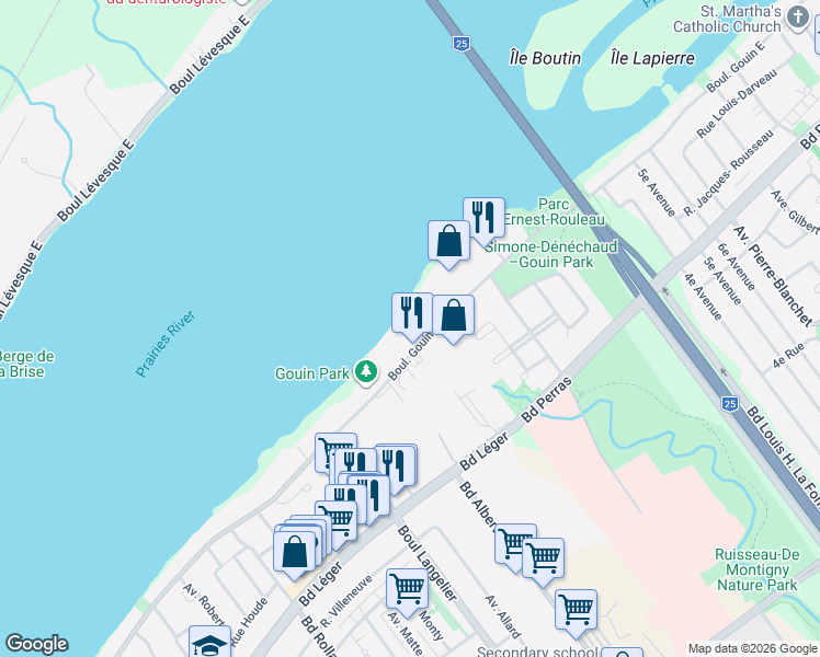 map of restaurants, bars, coffee shops, grocery stores, and more near 6905 Boulevard Gouin Est in Montrã©Al