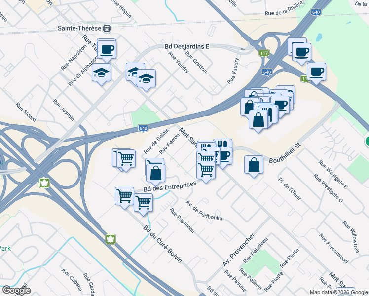 map of restaurants, bars, coffee shops, grocery stores, and more near Rue Lavigne in Boisbriand