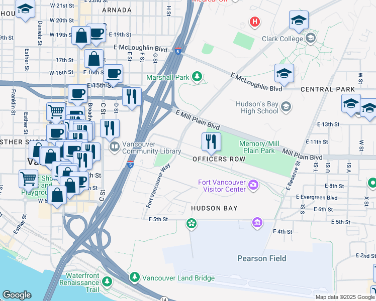 map of restaurants, bars, coffee shops, grocery stores, and more near 955 Officers Row in Vancouver