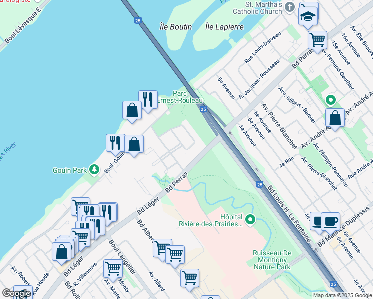 map of restaurants, bars, coffee shops, grocery stores, and more near 12522 Rue Edmond Archambault in Montréal