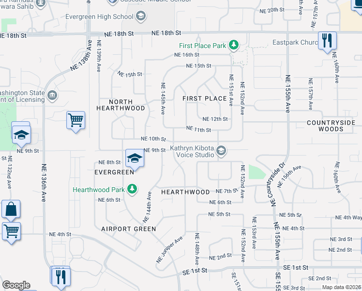 map of restaurants, bars, coffee shops, grocery stores, and more near 14603 Northeast 10th Street in Vancouver