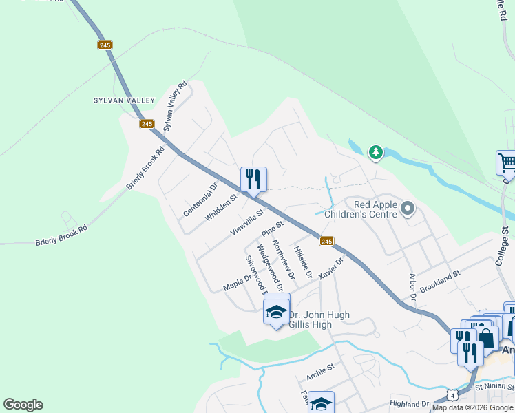 map of restaurants, bars, coffee shops, grocery stores, and more near 199 Hawthorne Street in Antigonish