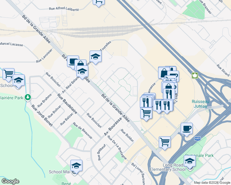 map of restaurants, bars, coffee shops, grocery stores, and more near Rue des Francs-Bourgeois in Boisbriand