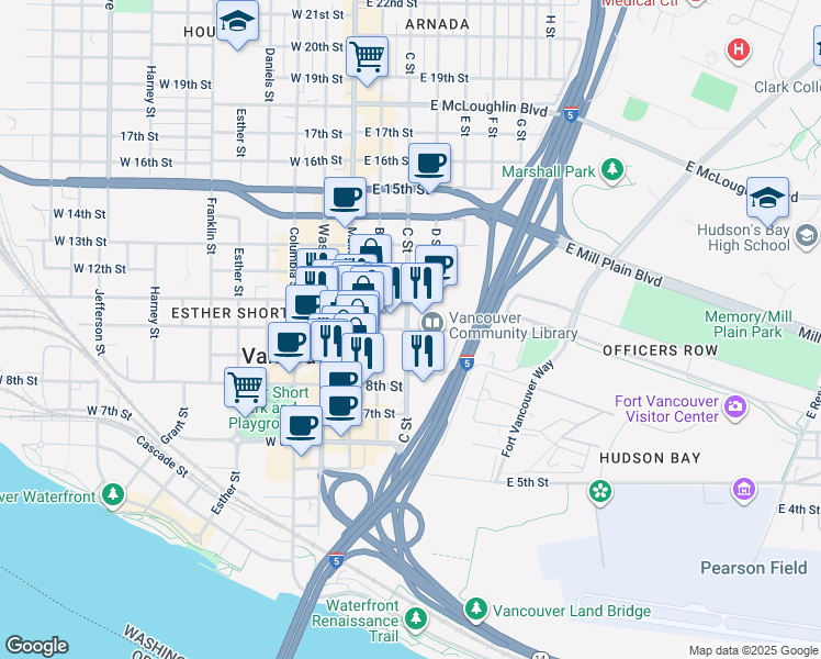 map of restaurants, bars, coffee shops, grocery stores, and more near 300 East Evergreen Boulevard in Vancouver