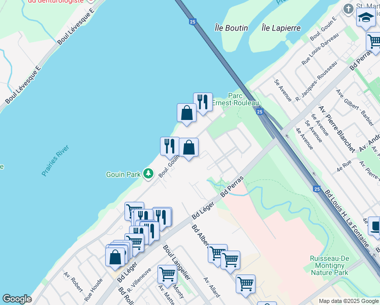 map of restaurants, bars, coffee shops, grocery stores, and more near 7000 Boulevard Gouin Est in Montréal