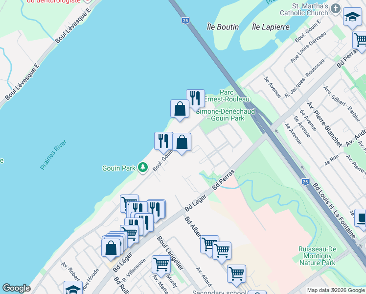 map of restaurants, bars, coffee shops, grocery stores, and more near 7000 Boulevard Gouin Est in Montréal