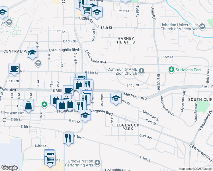 map of restaurants, bars, coffee shops, grocery stores, and more near 3202 East Mill Plain Boulevard in Vancouver