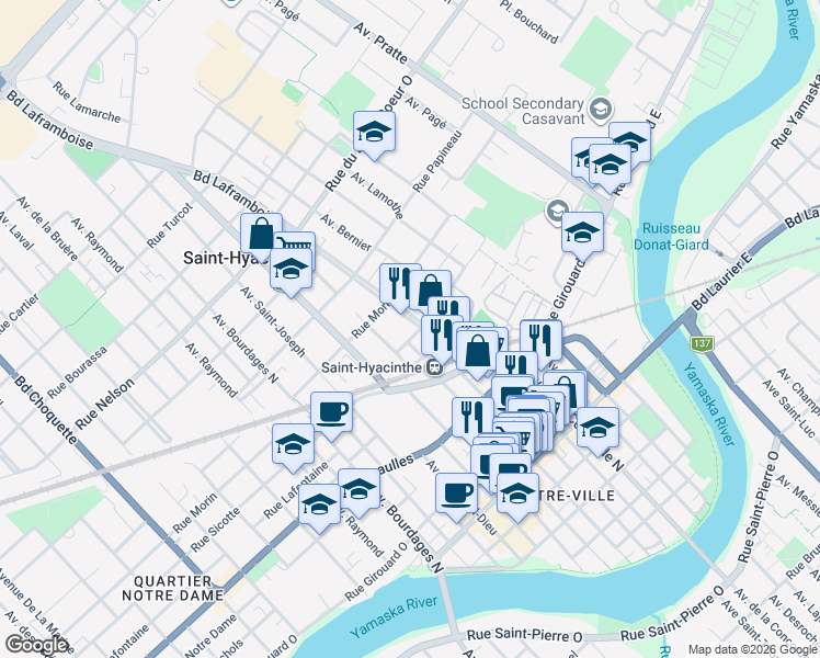 map of restaurants, bars, coffee shops, grocery stores, and more near 2015 Boulevard Laframboise in Saint-Hyacinthe