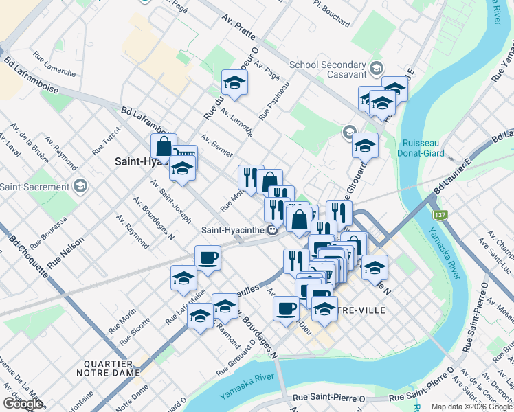 map of restaurants, bars, coffee shops, grocery stores, and more near 2015 Boulevard Laframboise in Saint-Hyacinthe