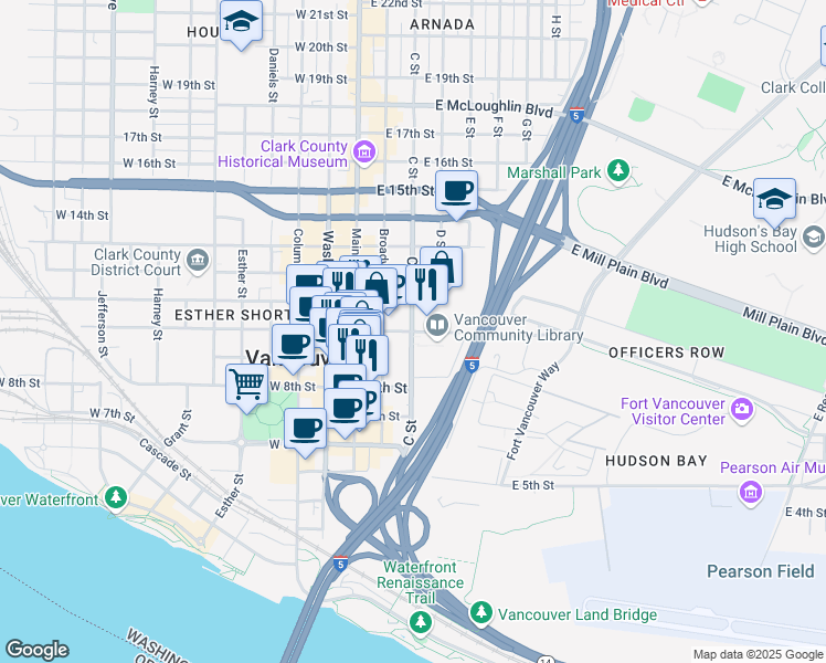 map of restaurants, bars, coffee shops, grocery stores, and more near 300 East Evergreen Boulevard in Vancouver