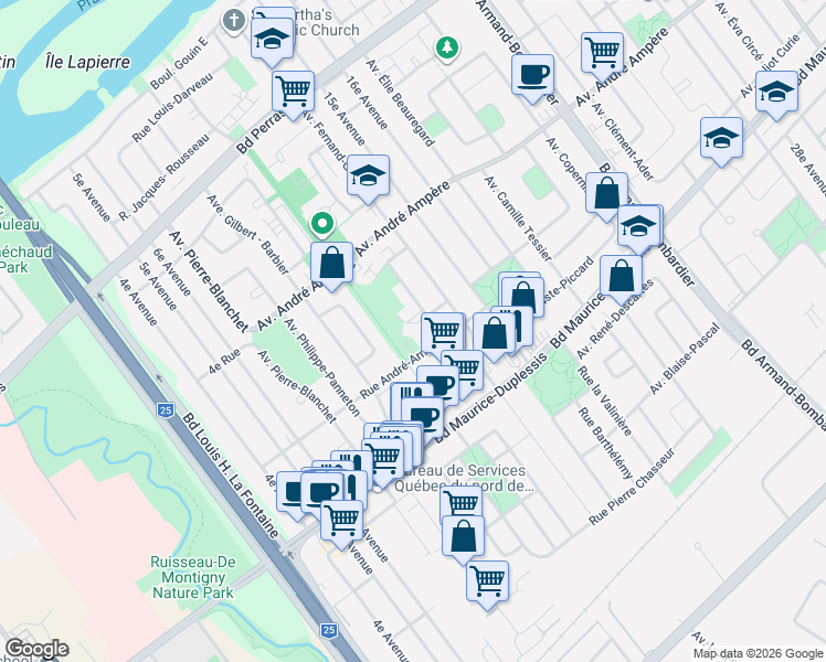 map of restaurants, bars, coffee shops, grocery stores, and more near 7610 Rue Suzanne Giroux in Montréal