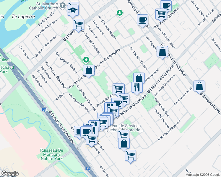 map of restaurants, bars, coffee shops, grocery stores, and more near 7610 Rue Suzanne Giroux in Montréal