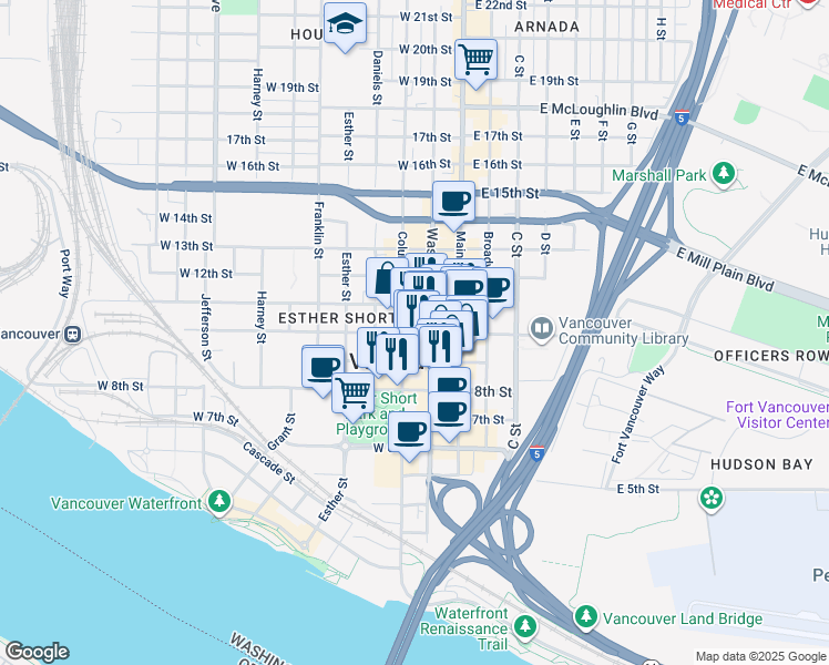 map of restaurants, bars, coffee shops, grocery stores, and more near 900 Washington Street in Vancouver