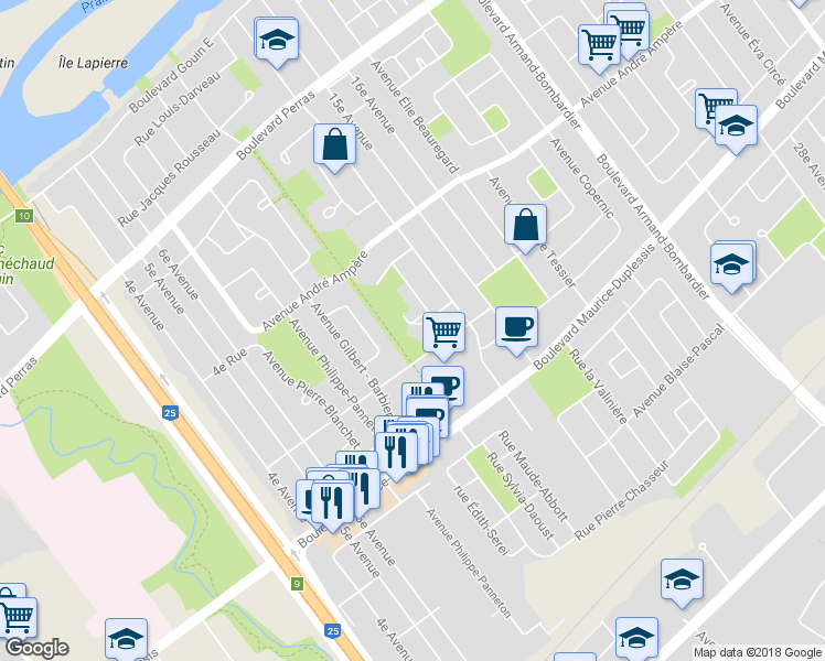 map of restaurants, bars, coffee shops, grocery stores, and more near 7600 Rue Suzanne Giroux in Montréal