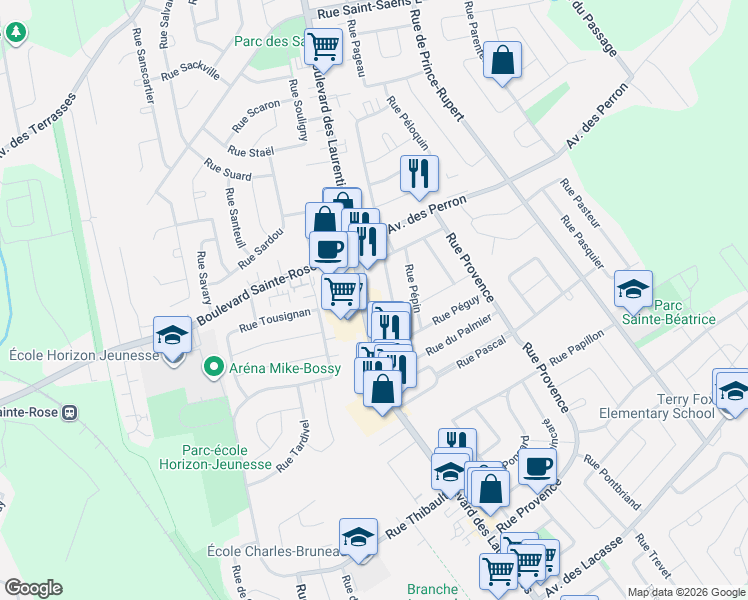 map of restaurants, bars, coffee shops, grocery stores, and more near 5685 Boulevard des Laurentides in Laval
