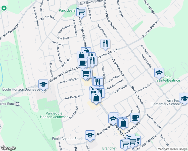 map of restaurants, bars, coffee shops, grocery stores, and more near 5685 Boulevard des Laurentides in Laval