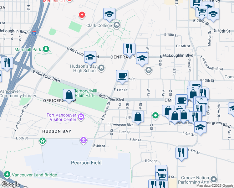 map of restaurants, bars, coffee shops, grocery stores, and more near 1910 East Mill Plain Boulevard in Vancouver