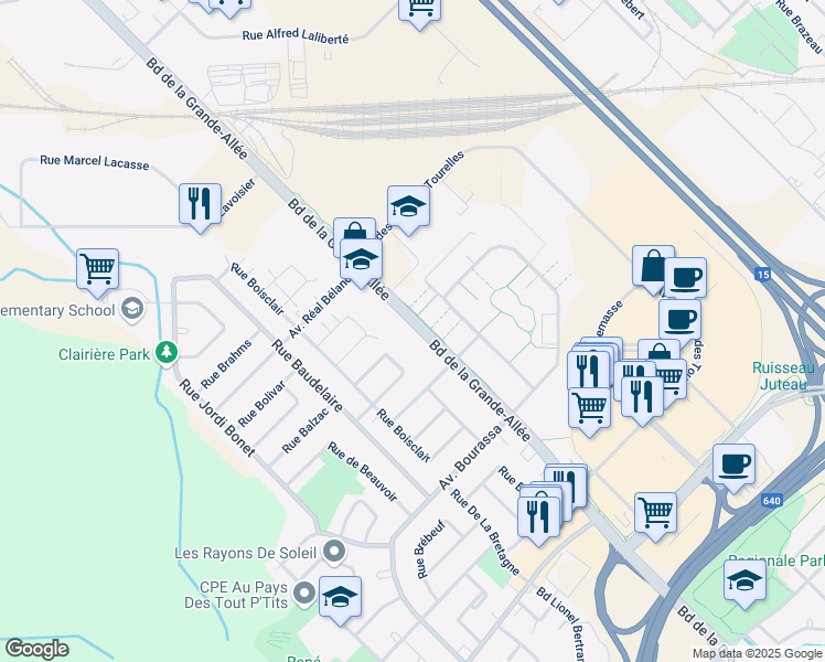 map of restaurants, bars, coffee shops, grocery stores, and more near 3525 Boulevard de la Grande Allée in Boisbriand