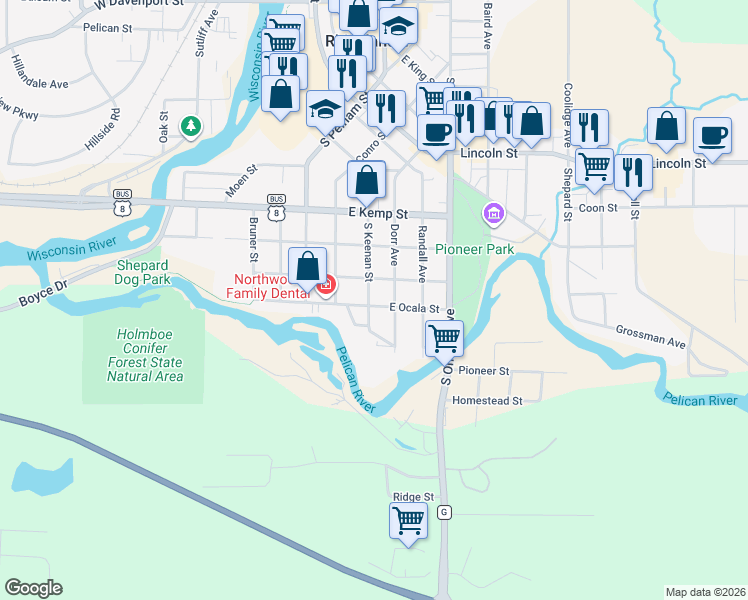 map of restaurants, bars, coffee shops, grocery stores, and more near 1015 Keenan Street in Rhinelander