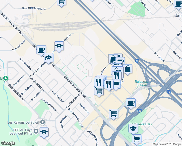 map of restaurants, bars, coffee shops, grocery stores, and more near 1065 Rue des Francs-Bourgeois in Boisbriand