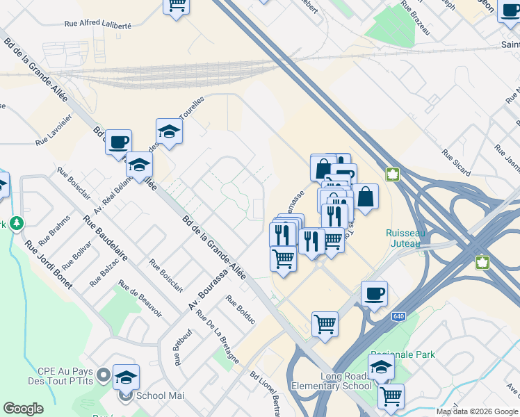 map of restaurants, bars, coffee shops, grocery stores, and more near 1065 Rue des Francs-Bourgeois in Boisbriand