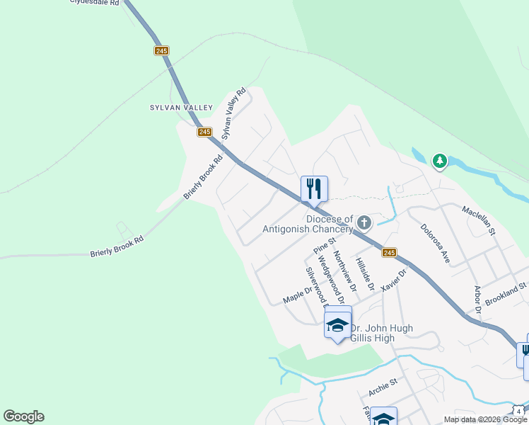 map of restaurants, bars, coffee shops, grocery stores, and more near 11 Centennial Drive in Antigonish