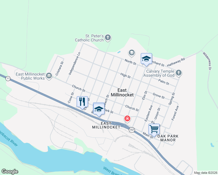 map of restaurants, bars, coffee shops, grocery stores, and more near 13 Beech Street in East Millinocket