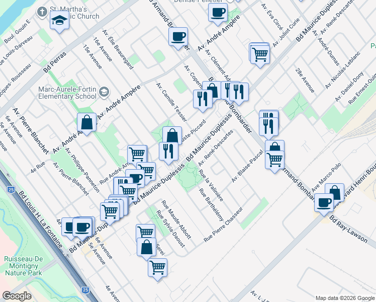 map of restaurants, bars, coffee shops, grocery stores, and more near 7755 Boulevard Maurice-Duplessis in Montréal