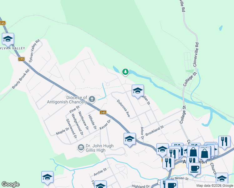 map of restaurants, bars, coffee shops, grocery stores, and more near 27 Dolorosa Avenue in Antigonish