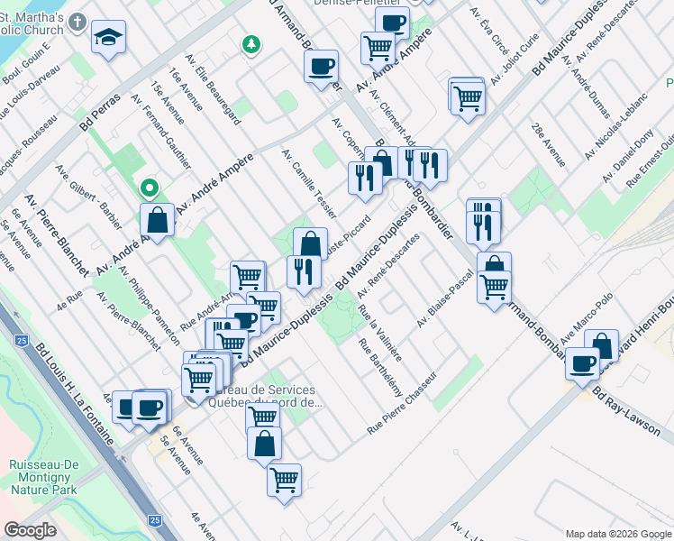 map of restaurants, bars, coffee shops, grocery stores, and more near 7755 Boulevard Maurice-Duplessis in Montréal