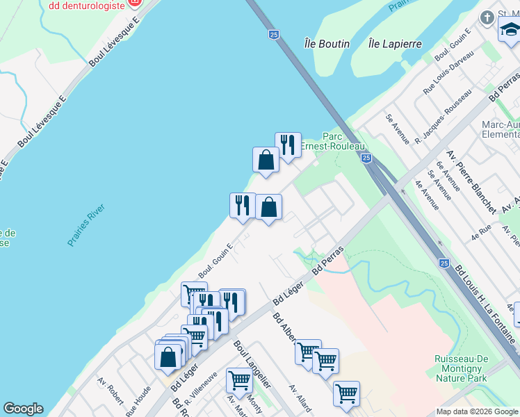 map of restaurants, bars, coffee shops, grocery stores, and more near 6995 Boulevard Gouin Est in Montreal