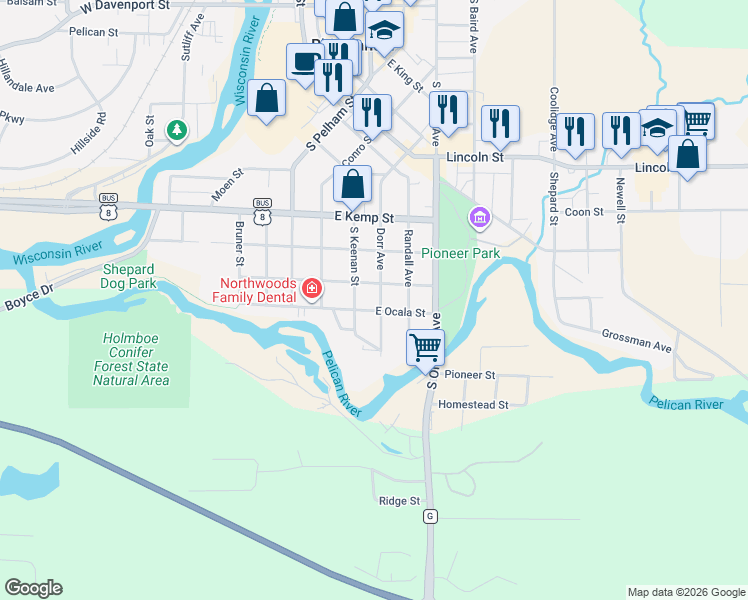 map of restaurants, bars, coffee shops, grocery stores, and more near 310 East Ocala Street in Rhinelander
