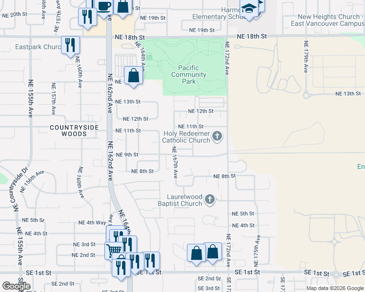 map of restaurants, bars, coffee shops, grocery stores, and more near 16712 Northeast 10th Street in Vancouver