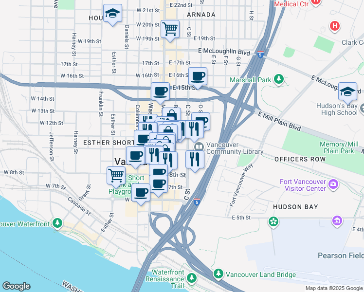 map of restaurants, bars, coffee shops, grocery stores, and more near 5 East Evergreen Boulevard in Vancouver