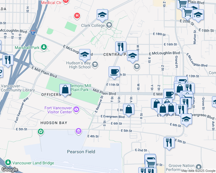 map of restaurants, bars, coffee shops, grocery stores, and more near 1818 East Mill Plain Boulevard in Vancouver