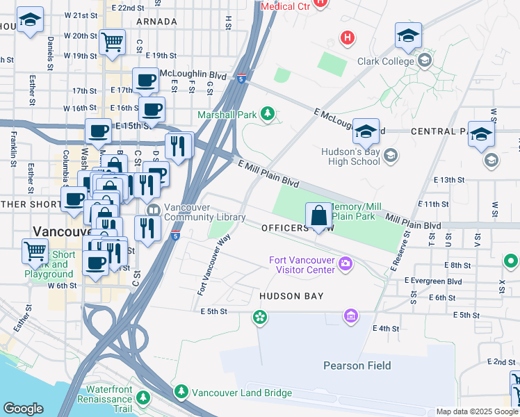 map of restaurants, bars, coffee shops, grocery stores, and more near 955 Officers Row in Vancouver
