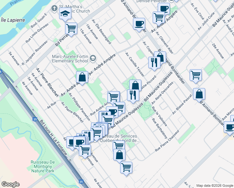 map of restaurants, bars, coffee shops, grocery stores, and more near 7649 Rue Andre Arnoux in Montreal