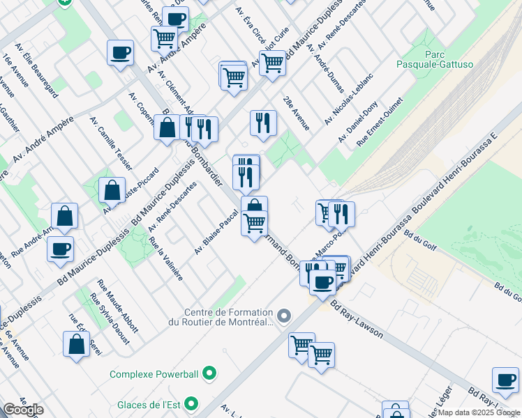 map of restaurants, bars, coffee shops, grocery stores, and more near 11460 Boulevard Armand-Bombardier in Montréal